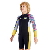 LSB Dive 2-Piece set Black & Yellow Stamps Front-Zip Jacket Printed with Knee Length Shorts, 2.5mm Neoprene Kids Swimsuit with Free Washbag