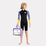 LSB Dive 2-Piece set Black & Yellow Stamps Front-Zip Jacket Printed with Knee Length Shorts, 2.5mm Neoprene Kids Swimsuit with Free Washbag