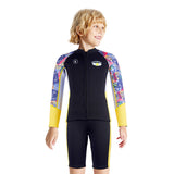 LSB Dive 2-Piece set Black & Yellow Stamps Front-Zip Jacket Printed with Knee Length Shorts, 2.5mm Neoprene Kids Swimsuit with Free Washbag