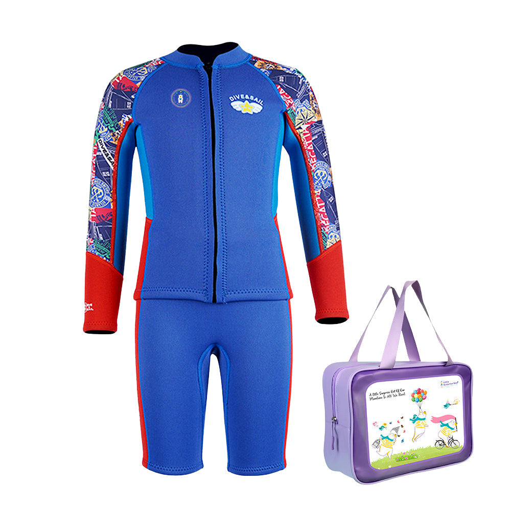 LSB Dive 2-Piece set, Cobalt & Red Stamps Front-Zip Jacket with Knee Length Shorts, 2.5mm Neoprene Kids Swimsuit with Free Washbag