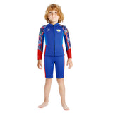 LSB Dive 2-Piece set, Cobalt & Red Stamps Front-Zip Jacket with Knee Length Shorts, 2.5mm Neoprene Kids Swimsuit with Free Washbag
