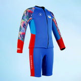 LSB Dive 2-Piece set, Cobalt & Red Stamps Front-Zip Jacket with Knee Length Shorts, 2.5mm Neoprene Kids Swimsuit with Free Washbag