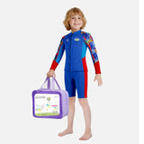 LSB Dive 2-Piece set, Cobalt & Red Stamps Front-Zip Jacket with Knee Length Shorts, 2.5mm Neoprene Kids Swimsuit with Free Washbag