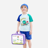 2 Pcs T-Shirt & Shorts Blue “Groovy” Cartoon Print UPF 50+ Kids Swimwear with Matching Swim Cap With Free Wash Bag