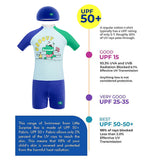 2 Pcs T-Shirt & Shorts Blue “Groovy” Cartoon Print UPF 50+ Kids Swimwear with Matching Swim Cap With Free Wash Bag