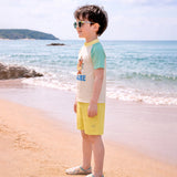 2 Pcs T-Shirt & Shorts Set Ivory, Teal & Yellow "Shine" Cartoon Print UPF 50+ Kids Swimwear with Matching Swim Cap With Free Wash Bag