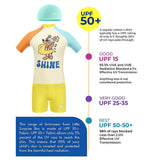 2 Pcs T-Shirt & Shorts Set Ivory, Teal & Yellow "Shine" Cartoon Print UPF 50+ Kids Swimwear with Matching Swim Cap With Free Wash Bag