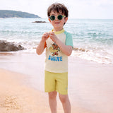 2 Pcs T-Shirt & Shorts Set Ivory, Teal & Yellow "Shine" Cartoon Print UPF 50+ Kids Swimwear with Matching Swim Cap With Free Wash Bag