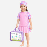 2 Pcs Top & Skort Set Peach Pink Tie-Dye Side Panel UPF 50+ Swimwear with Matching Swim Cap for Girls With Free Wash Bag (Copy)