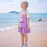 2 Pcs Top & Skort Set Purple "Home Painter" Rabbit Print UPF 50+ Swimwear with Matching Swim Cap for Girls With Free Wash Bag