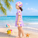 2 Pcs Top & Skort Set Purple Tie-Dye Side Panel UPF 50+ Swimwear with Matching Swim Cap for Girls With Free Wash Bag