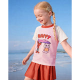 2 Pcs Top & Skort Set Red & Pink "Happy Surf Club" Cartoon Print UPF 50+ Swimwear with Matching Swim Cap for Girls With Free Wash Bag
