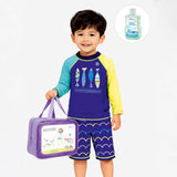 LSB 2 Pcs 4 Fishes Blue & Yellow T-shirt & Shorts Set, Toddlers & Kids Swimwear with Free Wash Bag & Free Swim Detergent