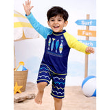 LSB 2 Pcs 4 Fishes Blue & Yellow T-shirt & Shorts Set, Toddlers & Kids Swimwear with Free Wash Bag & Free Swim Detergent