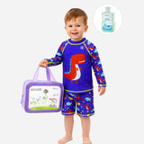 LSB 2 Pcs Blue Red Dino, T-shirt & Shorts Set, Toddlers & Kids Swimwear with Free Wash Bag & Free Swim Detergent