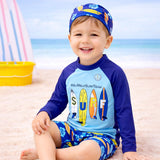 LSB 2 Pcs Blue Surf, T-shirt & Shorts Set, Toddlers & Kids Swimwear with matching Swim Cap, plus Free Wash Bag & Free Swim Detergent