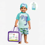 LSB 2 Pcs Geomteric Dino, T-shirt & Shorts Set, Toddlers & Kids Swimwear with matching Swim Cap, plus Free Wash Bag & Free Swim Detergent