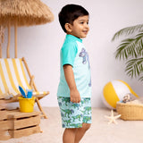 LSB 2 Pcs Geomteric Dino, T-shirt & Shorts Set, Toddlers & Kids Swimwear with matching Swim Cap, plus Free Wash Bag & Free Swim Detergent