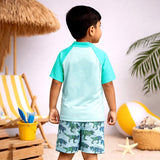 LSB 2 Pcs Geomteric Dino, T-shirt & Shorts Set, Toddlers & Kids Swimwear with matching Swim Cap, plus Free Wash Bag & Free Swim Detergent