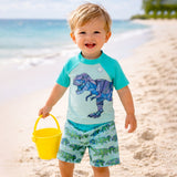 LSB 2 Pcs Geomteric Dino, T-shirt & Shorts Set, Toddlers & Kids Swimwear with matching Swim Cap, plus Free Wash Bag & Free Swim Detergent