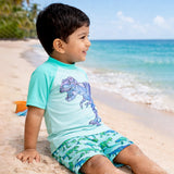 LSB 2 Pcs Geomteric Dino, T-shirt & Shorts Set, Toddlers & Kids Swimwear with matching Swim Cap, plus Free Wash Bag & Free Swim Detergent