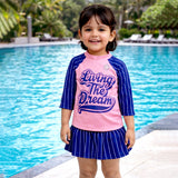 LSB 2 Pcs Live Dream , Pink & Blue Stripes Top & Skort Set, Toddlers & Kids Swimwear with Free Wash Bag & Free Swim Detergent