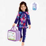 LSB 2 Pcs Navy Skirted Leggings & Floral Top Set, Kids Swimwear with Free Wash Bag & Free Swim Detergent