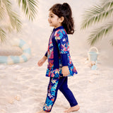 LSB 2 Pcs Navy Skirted Leggings & Floral Top Set, Kids Swimwear with Free Wash Bag & Free Swim Detergent