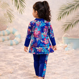 LSB 2 Pcs Navy Skirted Leggings & Floral Top Set, Kids Swimwear with Free Wash Bag & Free Swim Detergent