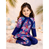 LSB 2 Pcs Navy Skirted Leggings & Floral Top Set, Kids Swimwear with Free Wash Bag & Free Swim Detergent