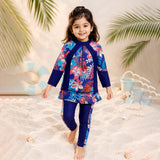 LSB 2 Pcs Navy Skirted Leggings & Floral Top Set, Kids Swimwear with Free Wash Bag & Free Swim Detergent