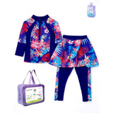 LSB 2 Pcs Navy Skirted Leggings & Floral Top Set, Kids Swimwear with Free Wash Bag & Free Swim Detergent