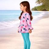 LSB 2 Pcs Pink Leaves Top & Leggings Set, Kids Swimwear with matching Swim Cap, plus Free Wash Bag & Free Swim Detergent