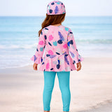 LSB 2 Pcs Pink Leaves Top & Leggings Set, Kids Swimwear with matching Swim Cap, plus Free Wash Bag & Free Swim Detergent