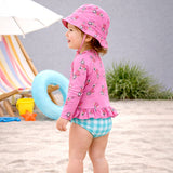 LSB 2 Pcs Pink Peplum Top & Checkered Bottom, Toddlers & Kids Swimwear with matching Swim Cap, plus Free Wash Bag & Free Swim Detergent
