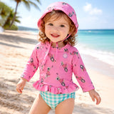 LSB 2 Pcs Pink Peplum Top & Checkered Bottom, Toddlers & Kids Swimwear with matching Swim Cap, plus Free Wash Bag & Free Swim Detergent