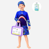 LSB 2 Pcs Polka Shark Print T-shirt & Shorts Set, Kids Swimwear with matching Swim Cap, plus Free Wash Bag & Free Swim Detergent