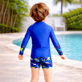 LSB 2 Pcs Polka Shark Print T-shirt & Shorts Set, Kids Swimwear with matching Swim Cap, plus Free Wash Bag & Free Swim Detergent