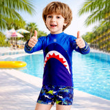 LSB 2 Pcs Polka Shark Print T-shirt & Shorts Set, Kids Swimwear with matching Swim Cap, plus Free Wash Bag & Free Swim Detergent