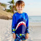 LSB 2 Pcs Polka Shark Print T-shirt & Shorts Set, Kids Swimwear with matching Swim Cap, plus Free Wash Bag & Free Swim Detergent