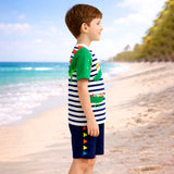 LSB 2 Pcs 3D Crocodile T-shirt & Shorts Set, Kids Swimwear with matching Swim Cap, plus Free Wash Bag & Free Swim Detergent