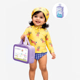 LSB 2 Pcs Yellow Peplum Top & Checkerd Bottom, Toddlers & Kids Swimwear with matching Swim Cap, plus Free Wash Bag & Free Swim Detergent
