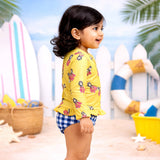 LSB 2 Pcs Yellow Peplum Top & Checkerd Bottom, Toddlers & Kids Swimwear with matching Swim Cap, plus Free Wash Bag & Free Swim Detergent