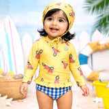 LSB 2 Pcs Yellow Peplum Top & Checkerd Bottom, Toddlers & Kids Swimwear with matching Swim Cap, plus Free Wash Bag & Free Swim Detergent