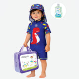 LSB Blue Red Dino, Toddlers & Kids Swimwear with long Cap Free Wash Bag & Free Swim Detergent