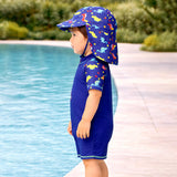 LSB Blue Red Dino, Toddlers & Kids Swimwear with long Cap Free Wash Bag & Free Swim Detergent