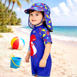 LSB Blue Red Dino, Toddlers & Kids Swimwear with long Cap Free Wash Bag & Free Swim Detergent