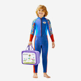 LSB Dive Full Length, Cobalt & Red Stamp Printed Full Length 2.5mm Neoprene Kids Swimsuit with Free Washbag