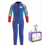 LSB Dive Full Length, Cobalt & Red Stamp Printed Full Length 2.5mm Neoprene Kids Swimsuit with Free Washbag