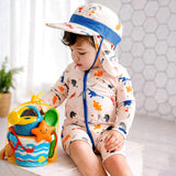 LSB White Dotted Dino World, Toddlers & Kids Swimwear with long Cap Free Wash Bag & Free Swim Detergent